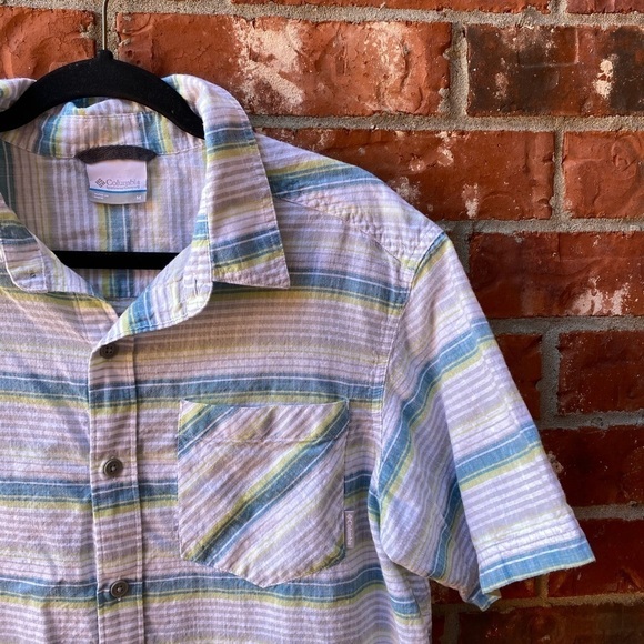 Columbia Mens Medium White Blue Stripe Collar Button Down Short Sleeve Shirt - Picture 2 of 8
